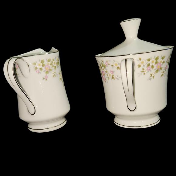 VTG Treasure Chest Lenore Creamer & Sugar Bowl w/ Lid Japan Floral Silver Trim - Picture 4 of 7